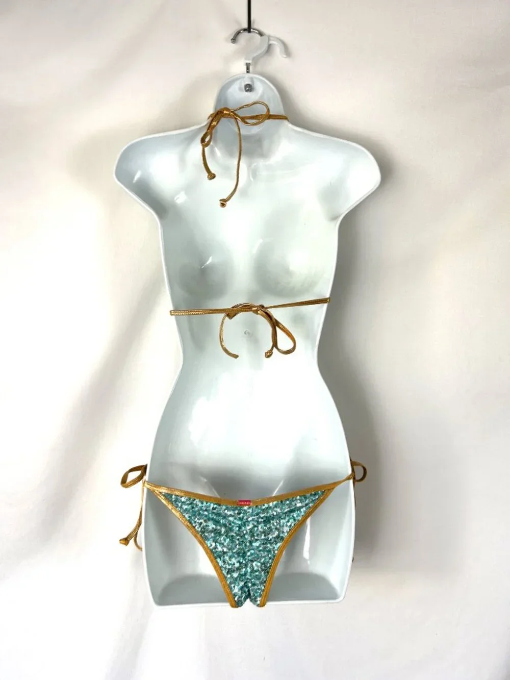 Doll & Co Sequin Mermaid String Bikini Aqua Gold S